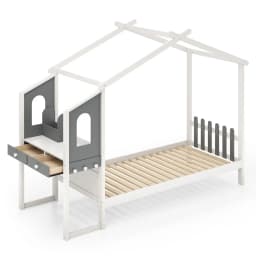 House Bed with Desk 90 x 200cm,Children's Bed with Slatted Frame,Desk with Storage Box,Drawers and Hooks,Wooden Bed for Children