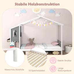 House Bed with Desk 90 x 200cm,Children's Bed with Slatted Frame,Desk with Storage Box,Drawers and Hooks,Wooden Bed for Children