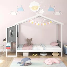 House Bed with Desk 90 x 200cm,Children's Bed with Slatted Frame,Desk with Storage Box,Drawers and Hooks,Wooden Bed for Children