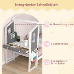 House Bed with Desk 90 x 200cm,Children's Bed with Slatted Frame,Desk with Storage Box,Drawers and Hooks,Wooden Bed for Children