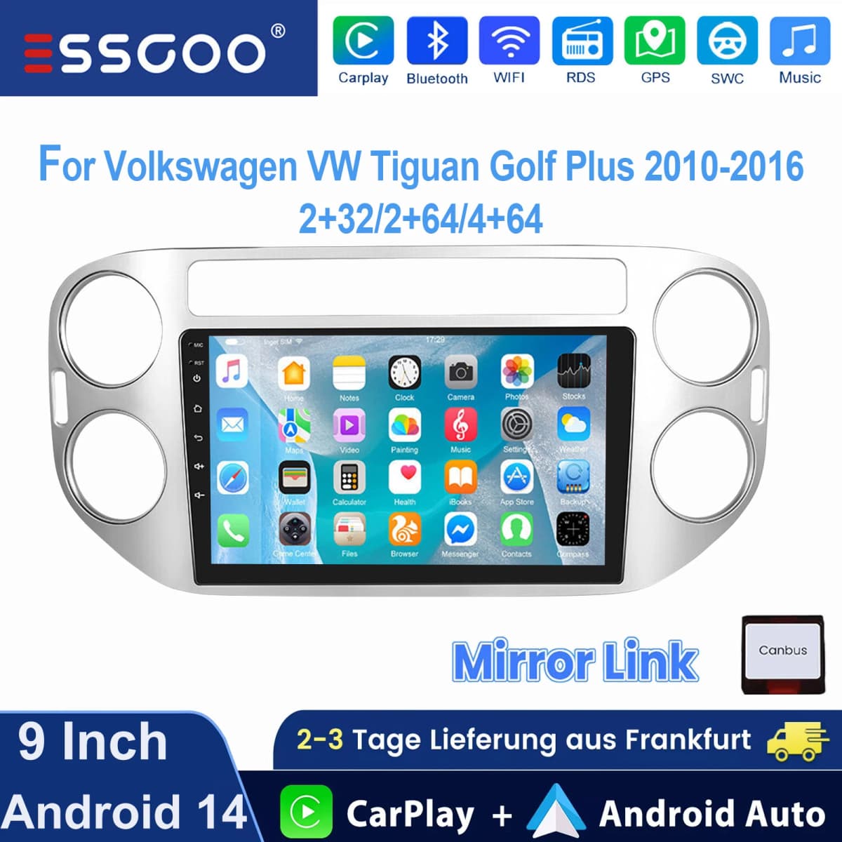 ESSGOO 9" HD Touch screen Android 14 For Volkswagen VW Tiguan Golf Plus 2010-2016 Car stereo radio GPS NAVI SWC RDS WIFI BT USB
