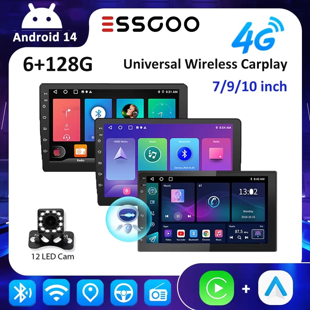 ESSGOO Android 14 Car Radio Wireless Carplay Auto 6 128G Car Multimedia Player GPS Navigator Wi-Fi FM BT Car Stereo