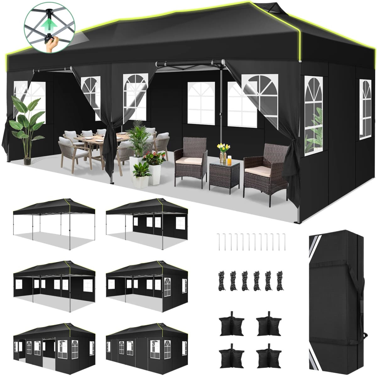 3x6m Folding Gazebo Event Canopy Pop Up Waterproof Party Tent With 6 Side Wall UV Protect For Garden Outdoor Commercial Wedding