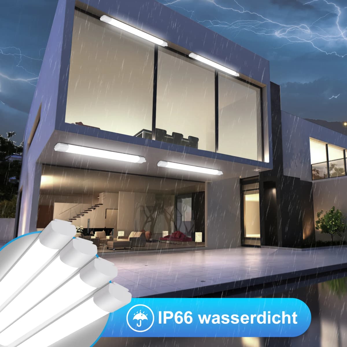 4-Pack 60cm/90cm LED Ceiling Light, IP66 Waterproof Tube, 20W/30W Workshop Tube, 4000K, Suitable for balcony, Garage, Basement.