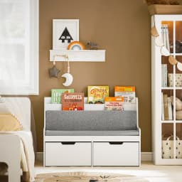 Sobuy Kmb66-W Kids' Bench Seat with Bookshelf Toy Chest Storage Box with Wheels Shoe Bench with Seat Cushion