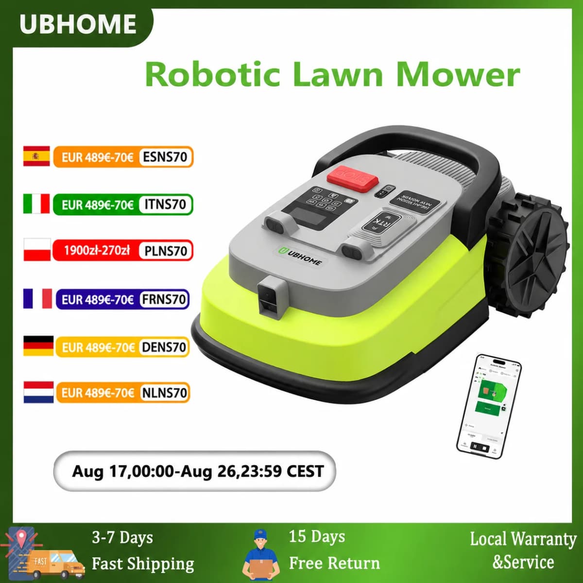 UBHOME M10 Robot Lawn Mower - Wireless, 1000m², 90 min Runtime, 55% Incline, RTK+AI Vision Robotic Lawnmower with App Control