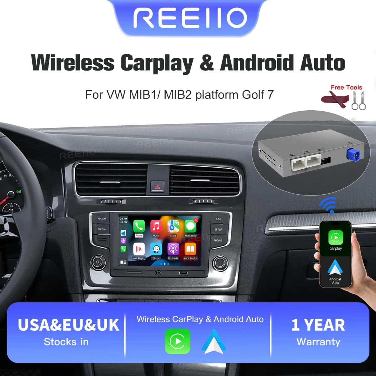 REEIIO Wireless Carplay Android Auto Module Box for VW Volkswagen Skoda Octavia A5 Golf 7 Polo Passat B8 Mirror Link MIB MIB2