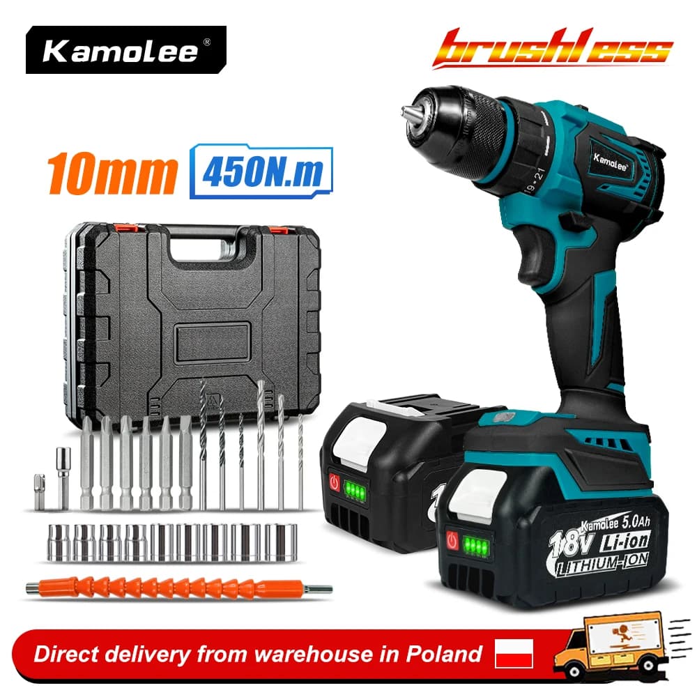 Kamolee 10MM Brushless Electric Impact Drill Set, including Accessories, Cordless Screwdriver, Lithium Battery Hand Drill