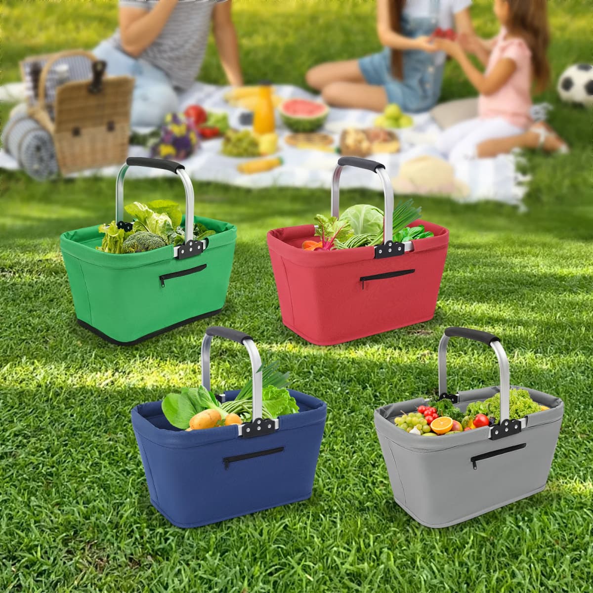 Foldable Shopping Basket Shopping Basket with Padded Handle and Zip Pocket for Shopping, Picnics & Storage