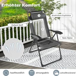 Set of 2 Garden Chairs with Headrest, Folding Chairs with 7-Way Adjustable Backrest, Folding Balcony Chairs, High-Back