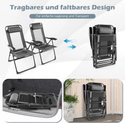 Set of 2 Garden Chairs with Headrest, Folding Chairs with 7-Way Adjustable Backrest, Folding Balcony Chairs, High-Back