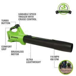 Greenworks 24V Leaf Blower Brushless Motor 110 MPH / 450 CFM / 125+ Compatible Tools Axial Cordless Blower with 4Ah Battery