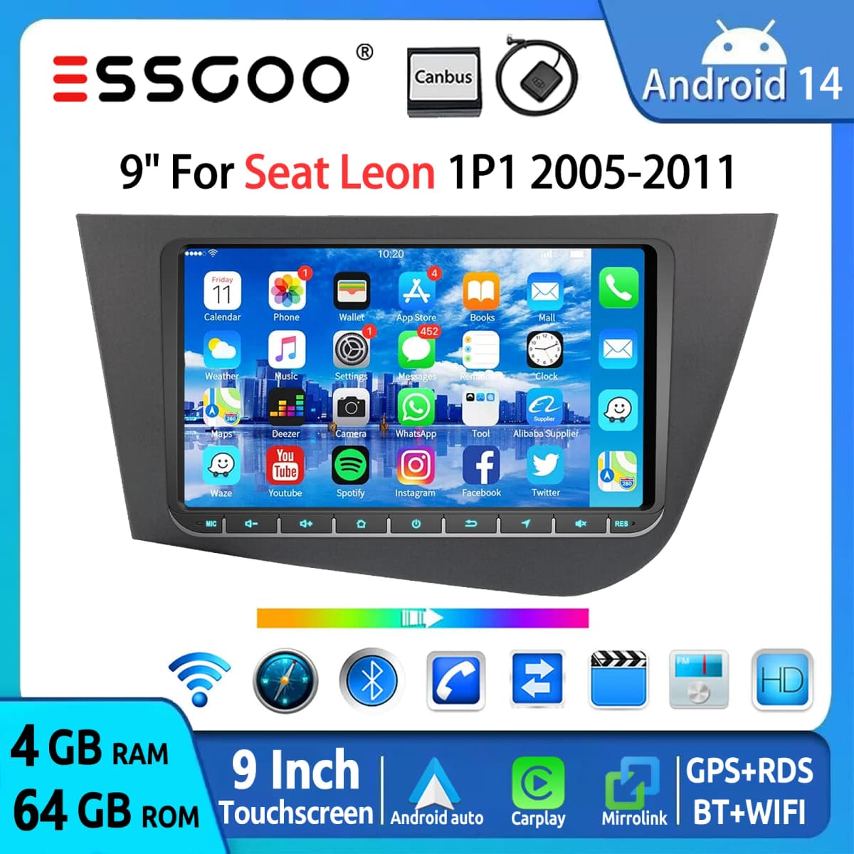 ESSGOO 9" For Seat Leon 1P1 05-12 Android 14 Car Stereo Radio Carplay Android Auto GPS NAVI WIFI GPS RDS SWC Bluetooth AI Vocie