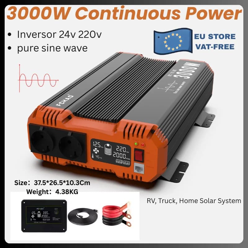 Fchao 6000W Pure Sine Wave Inverter 24V to 220V | Eu Plug | Lcd Display & Remote Control | For Home, Rv, Camping, Off-Grid Use