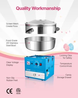 SucceBuy Electric Cotton Candy Machine Commercial Candy Floss Maker with 20.5 in Stainless Steel Bowl Sugar Scoop and Drawer