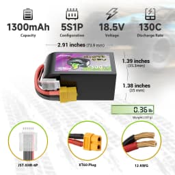 Ovonic 130C 5S 1300mah Lipo Battery 18.5V with XT60 Plug for 5 to 6 inch FPV Racing Freestyle Long-Range Drone Brushless FPV(2P