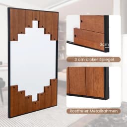 Rectangular Mirror with Wooden Frame, 66 x 95 cm, Rustic Wall Mirror with Two Direction Hooks, Hanging Mirror with Metal Frame
