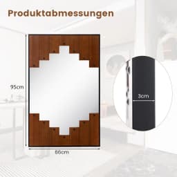 Rectangular Mirror with Wooden Frame, 66 x 95 cm, Rustic Wall Mirror with Two Direction Hooks, Hanging Mirror with Metal Frame