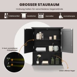 Wall Cupboard, Medicine Cabinet, Wall Cabinet with Double Door, Bathroom Cabinet, Base Cabinet with Adjustable Shelf (Black)