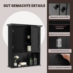 Wall Cupboard, Medicine Cabinet, Wall Cabinet with Double Door, Bathroom Cabinet, Base Cabinet with Adjustable Shelf (Black)