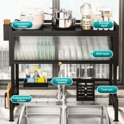 Over Sink Dish Drying Rack with Cover 2-Tier Large Capacity Adjustable Drainer Shelf for Kitchen Storage Plates Bowls Utensils
