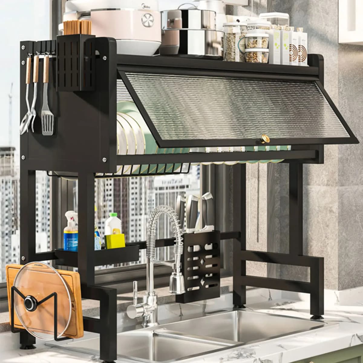 Over Sink Dish Drying Rack with Cover 2-Tier Large Capacity Adjustable Drainer Shelf for Kitchen Storage Plates Bowls Utensils