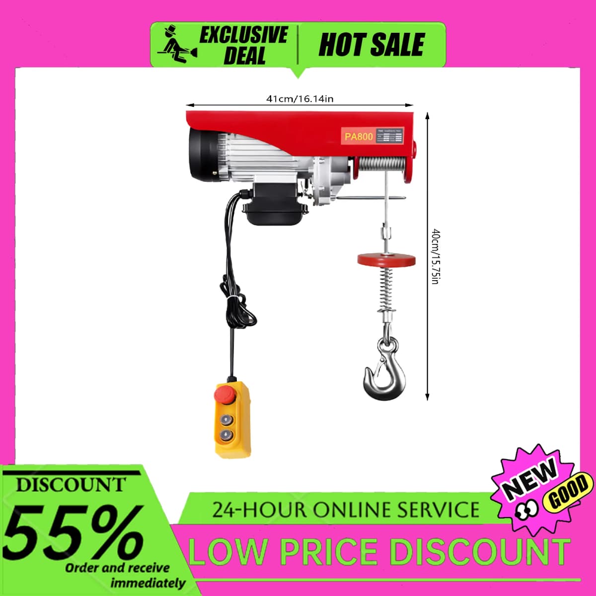 220V Electric Winch 1300W 800 kg Electric Chain Hoist Pulley Motor Winch Electric Pulley Crane Lift Cable Hoist