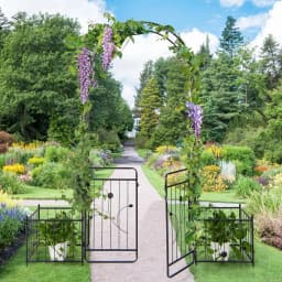 Rose Arch with Door, Metal Garden Arch, Archway with 2 Planters, Trellis Arch for Climbing Plants, Black, 202 x 50 x 220 cm