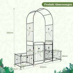Rose Arch with Door, Metal Garden Arch, Archway with 2 Planters, Trellis Arch for Climbing Plants, Black, 202 x 50 x 220 cm