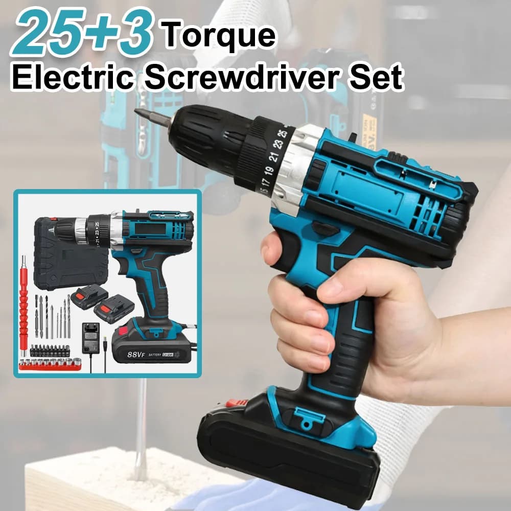 25+3 Torque Setting Electric Impact Screwdriver Set 2 Gear Speed Multifunctional Cordless Electrical Drill Tool With 2Batteries