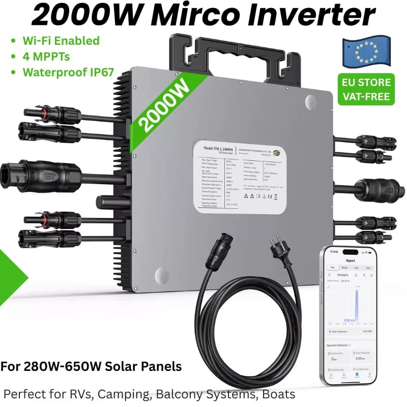 2000W Micro Inverter with 4 Mppt, Wi-Fi, Ip67 for 280W-650W Solar Modules – 96% Efficiency, for Home & Balcony Use, 5m Ac Cable