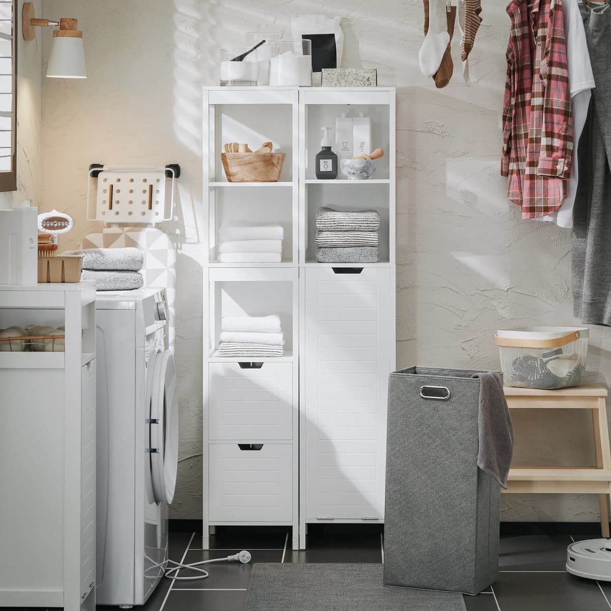 Sobuy Bzr123-W Tall Cabinet with Pull-Out Laundry Bag Bathroom Cabinet Bath Cabinet Narrow Laundry Cabinet Bathroom Shelf