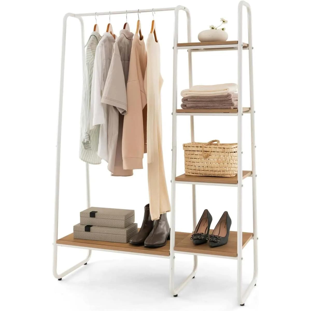 Metal Clothes Rack Freestanding Coat Rack with 4 Shelves Open Clothes Rack for Hanging Clothes & Storage, Suitable(Natural)
