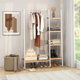 Metal Clothes Rack Freestanding Coat Rack with 4 Shelves Open Clothes Rack for Hanging Clothes & Storage, Suitable(Natural)