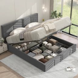 Upholstered Bed 140 × 200cm Hydraulic Function Double Bed with Storage Adjustable Height Head Part Velvet