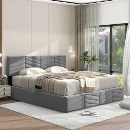 Upholstered Bed 140 × 200cm Hydraulic Function Double Bed with Storage Adjustable Height Head Part Velvet