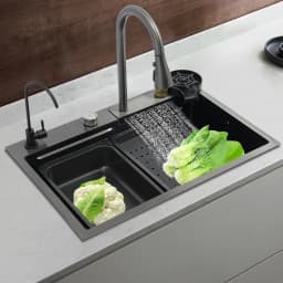 BYMAOCAR Stainless Steel Sink, Kitchen Sink with Extendable Tap, Household Sink Set, Stainless Steel Waterfall Sink 68x45 x21 cm