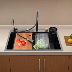 BYMAOCAR Stainless Steel Sink, Kitchen Sink with Extendable Tap, Household Sink Set, Stainless Steel Waterfall Sink 68x45 x21 cm