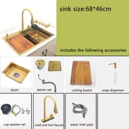 Gold Waterfall Faucet Kitchen Sink Nano Sink 304 Stainless Steel Golden Topmount Single Bowl Wash Basin 4 Function Kitchen Faucet