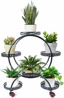 Metal Plant Stands 6 Pots Plants Flower Holder 4 Tier Display Shelf Rack with Wheels for Patio Garden Yard Home Decor