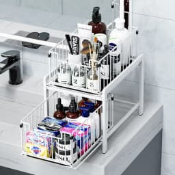 Pull-Out Sliding Drawer Cabinet Organizer, Slide-Out Stackable Under Sink Cabinet Organizer 2 Tier Storage Shelf, Multipurpose F