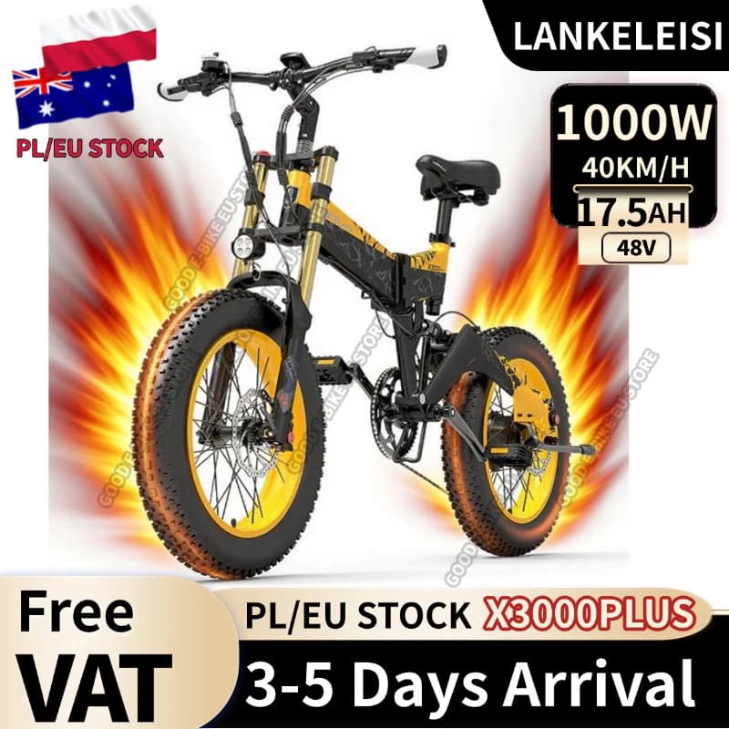 LANKELEISI X3000Plus Electric Bicycle 1000W Motor 48V17.5AH Lithium Battery Electric Bike Aldult 20*4.0Inch Fat Tire City E-Bike