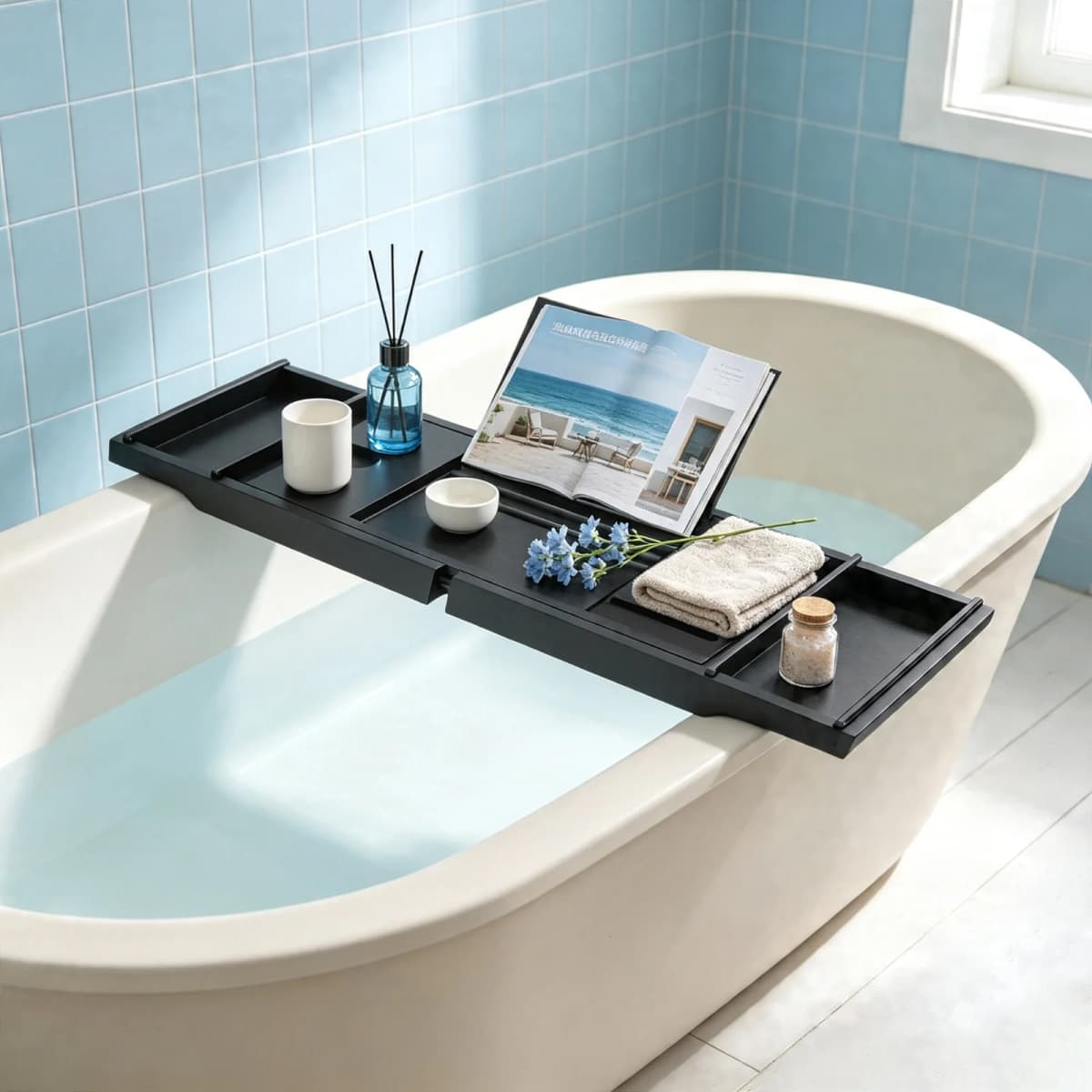 Expandable Bamboo Bathtub Tray Caddy, Adjustable Bath Tub Shelf with Wine Holder, Bathroom Storage Rack for Candle Towel Tablet