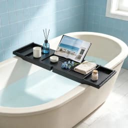 Expandable Bamboo Bathtub Tray Caddy, Adjustable Bath Tub Shelf with Wine Holder, Bathroom Storage Rack for Candle Towel Tablet