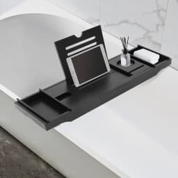 Expandable Bamboo Bathtub Tray Caddy, Adjustable Bath Tub Shelf with Wine Holder, Bathroom Storage Rack for Candle Towel Tablet