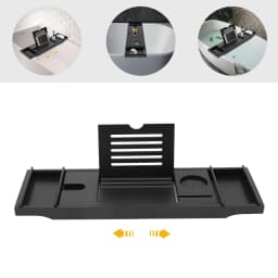 Expandable Bamboo Bathtub Tray Caddy, Adjustable Bath Tub Shelf with Wine Holder, Bathroom Storage Rack for Candle Towel Tablet