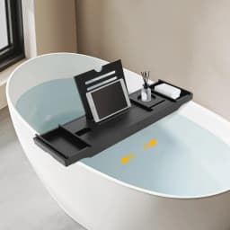 Expandable Bamboo Bathtub Tray Caddy, Adjustable Bath Tub Shelf with Wine Holder, Bathroom Storage Rack for Candle Towel Tablet