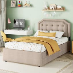 KOMHTOM 90x200 cm Flat bed upholstered bed with bedside table upholstery and decorative rivets, double drawers, dark beige