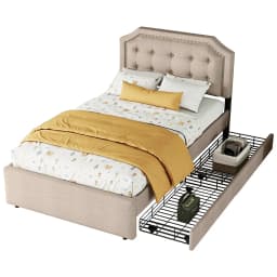 KOMHTOM 90x200 cm Flat bed upholstered bed with bedside table upholstery and decorative rivets, double drawers, dark beige