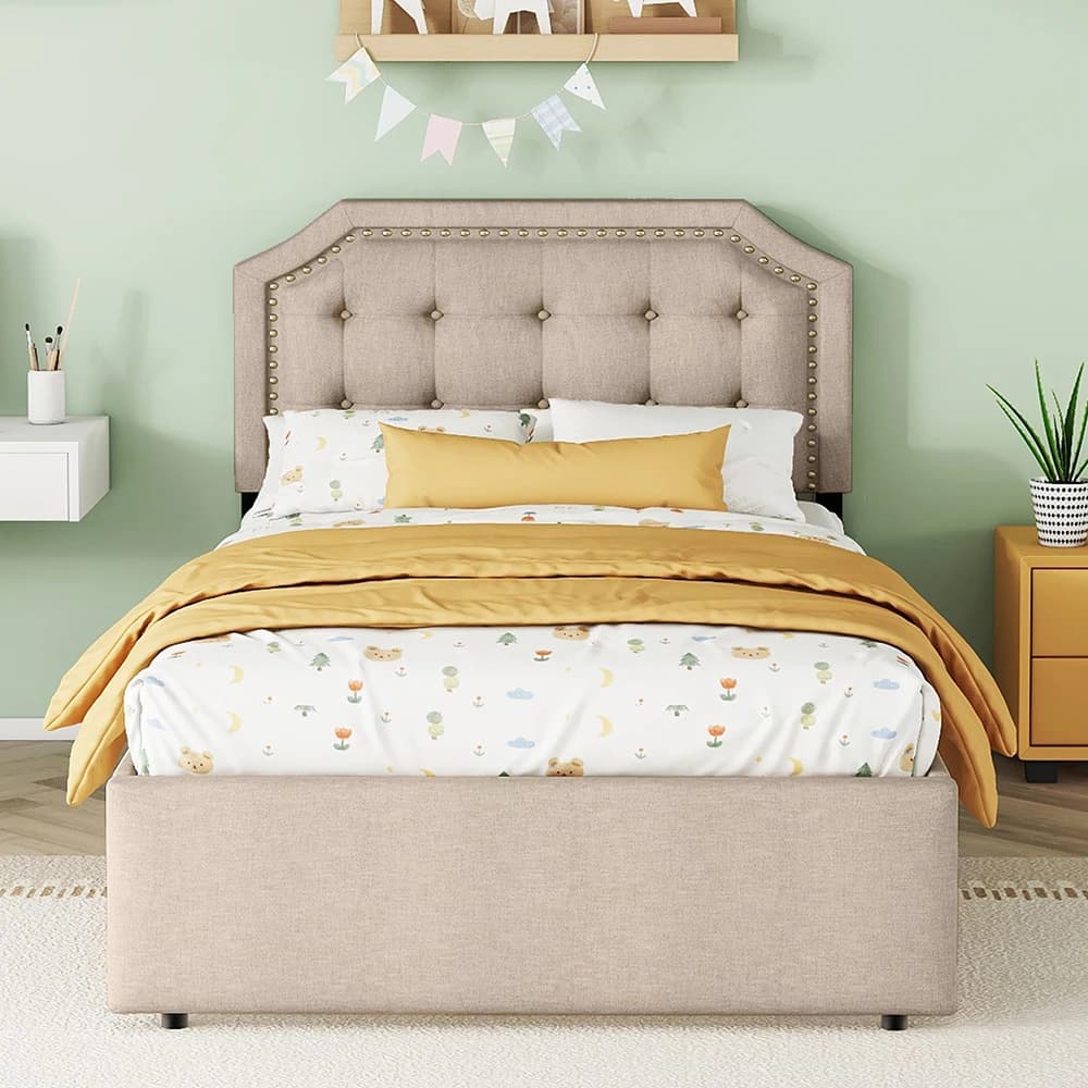 KOMHTOM 90x200 cm Flat bed upholstered bed with bedside table upholstery and decorative rivets, double drawers, dark beige